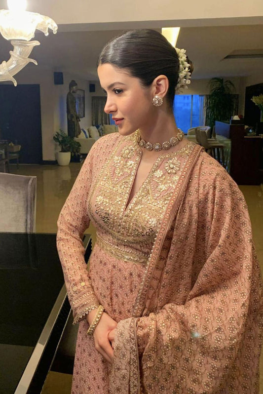 Shanaya Kapoor inspired blush mul Anarkali set with gota patti and zardozi embroidery for festive and wedding wear