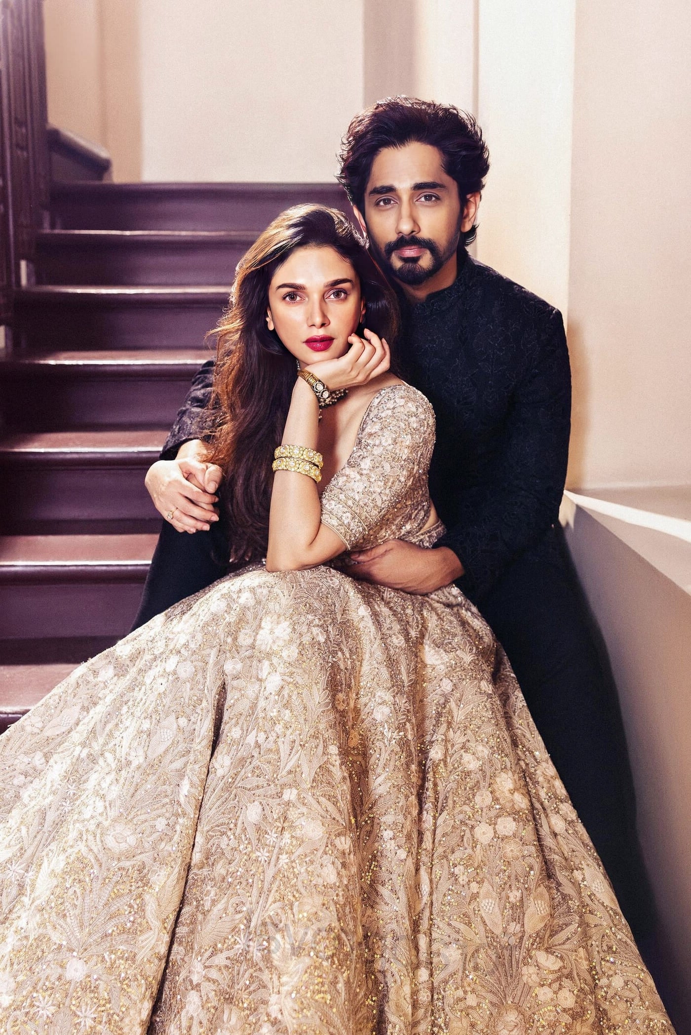 Aditi Rao Hydari inspired gold silk bridal lehenga set with threadwork and sequin embroidery for wedding wear