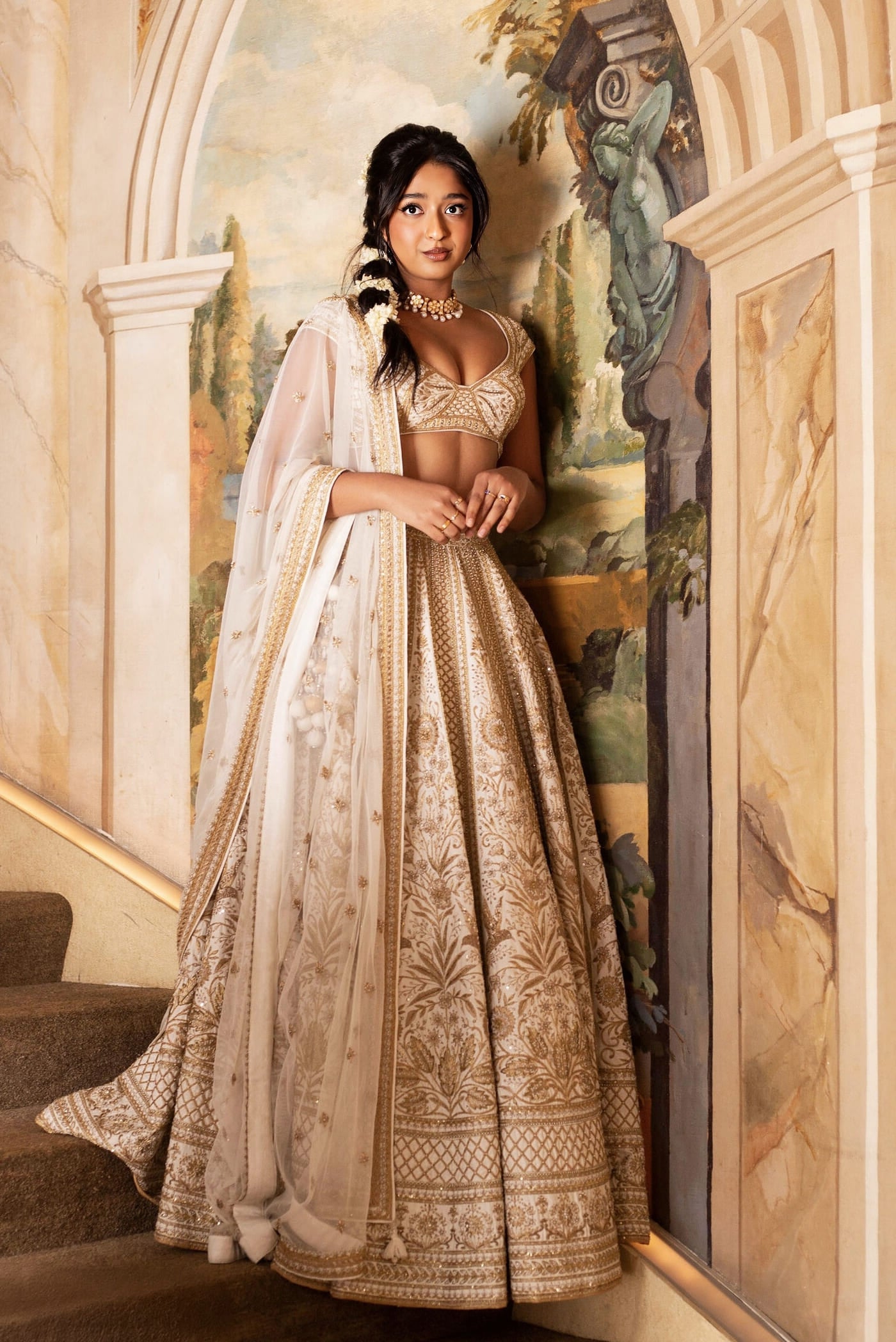 Maitreyi Ramakrishnan inspired white silk lehenga set with zardozi embroidery floral and bird motifs for wedding wear