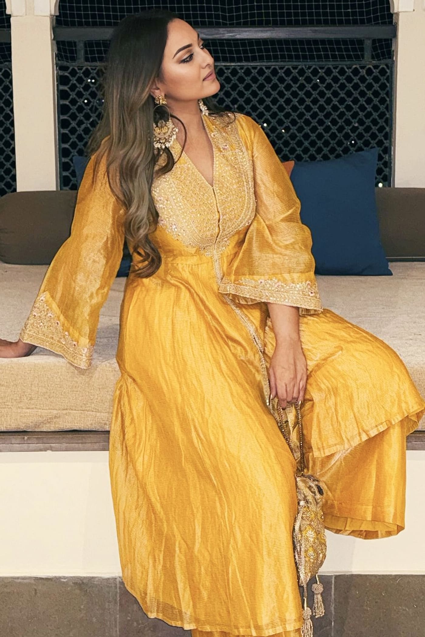 Sonakshi Sinha Inspired Yellow Zardozi Silk Jacket Set | Azha Embroidered Festive Outfit
