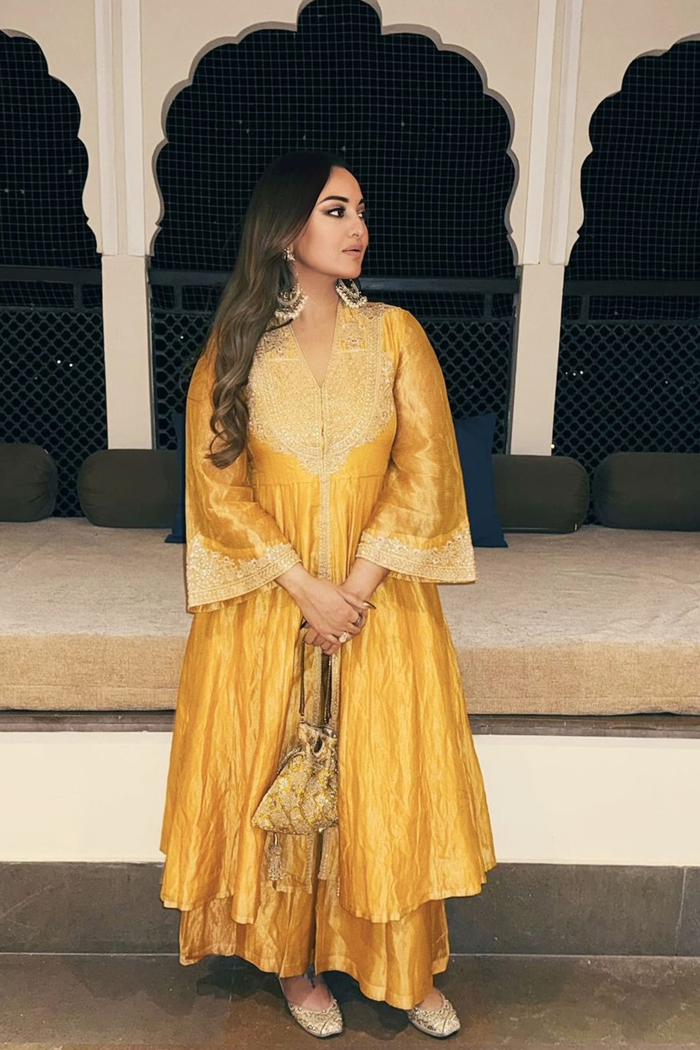 Sonakshi Sinha Inspired Yellow Zardozi Silk Jacket Set | Azha Embroidered Festive Outfit