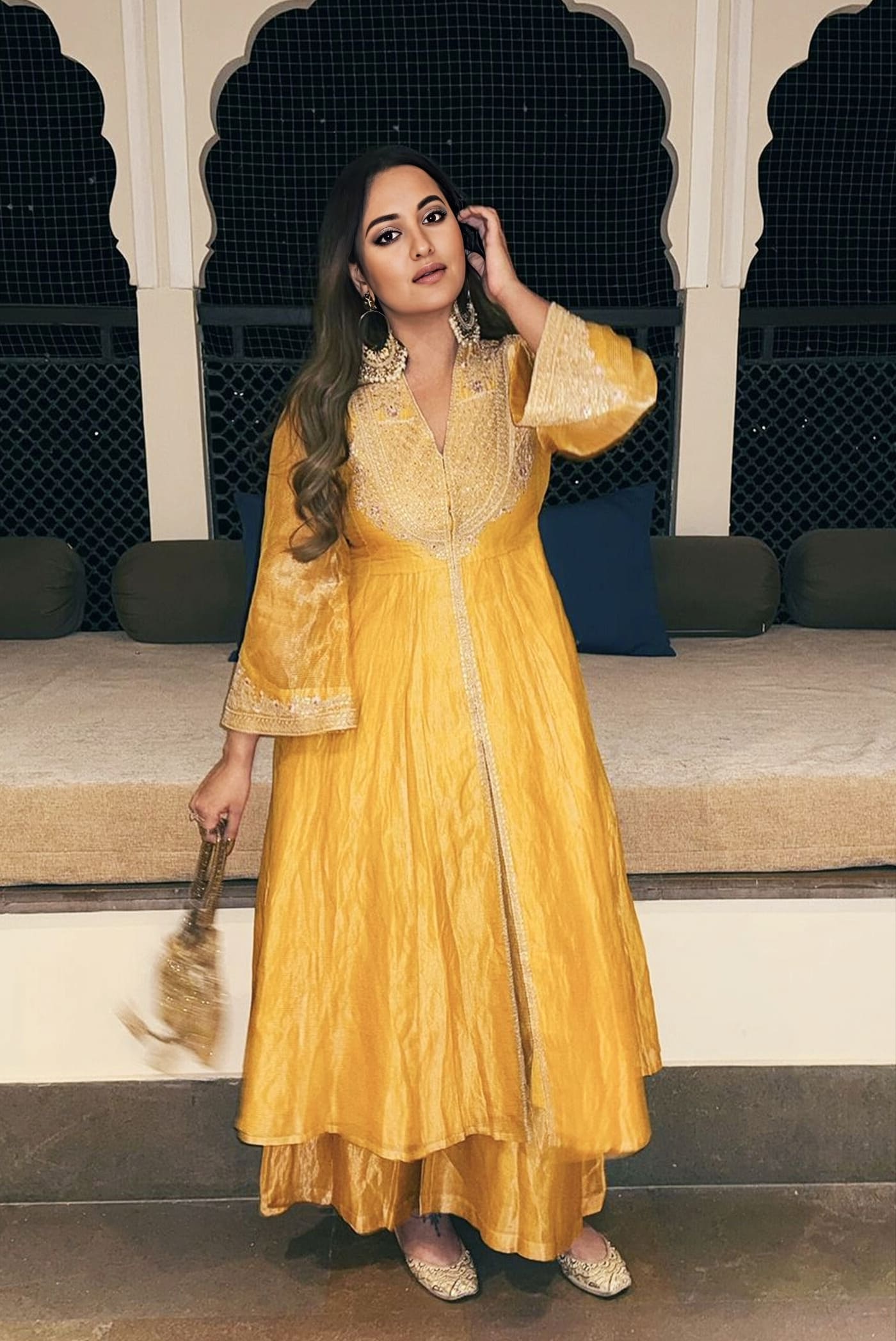 Sonakshi Sinha inspired yellow embroidered jacket set with zardozi and threadwork in mul fabric for festive wear