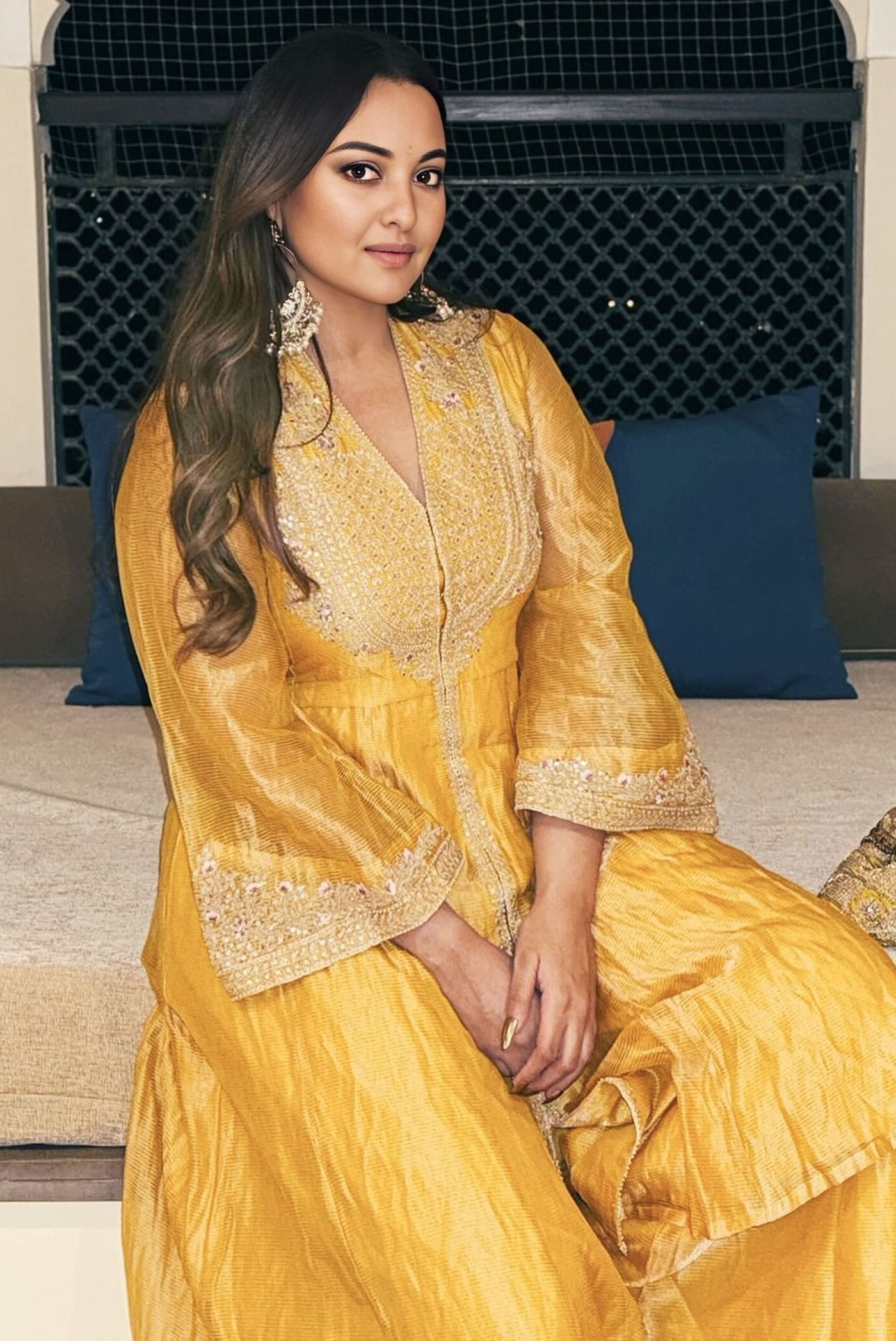 Sonakshi Sinha Inspired Yellow Zardozi Silk Jacket Set | Azha Embroidered Festive Outfit