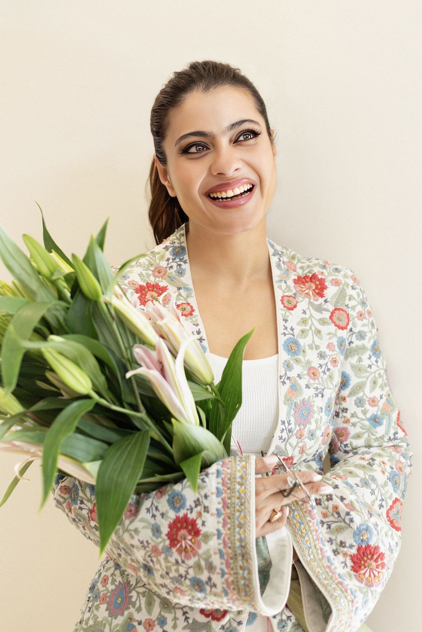 Kajol Inspired Cream Zardozi Silk Jacket Set | Galaxy of Flowers Designer Outfit