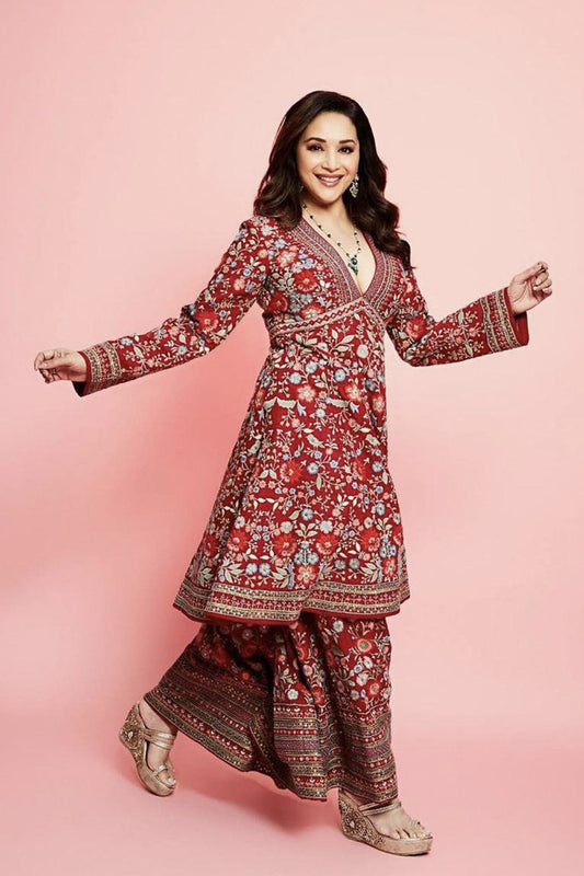Madhuri Dixit Inspired Red Zardozi Silk Kurta Set | Floral Ballad Designer Festive Wear