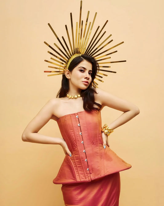 Urfi Javed inspired corset saree with structured bustier top in modern designer drape for women