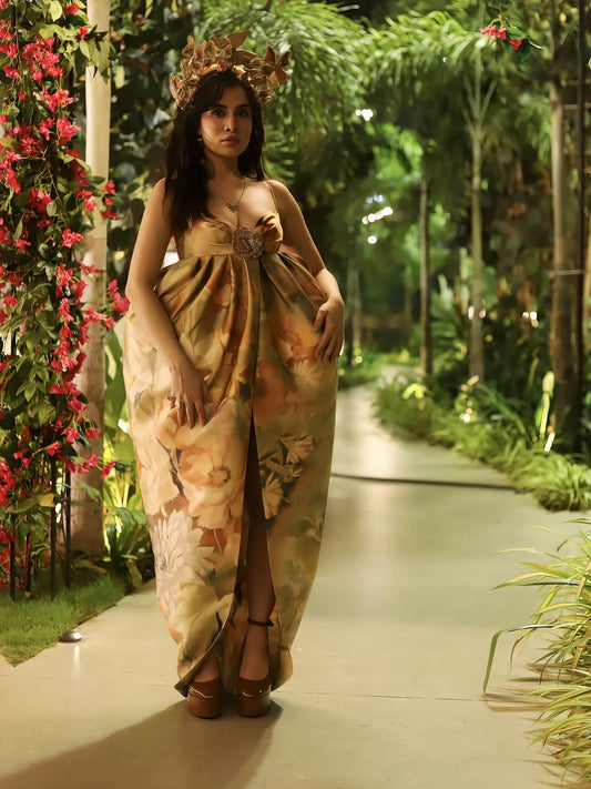 Urfi Javed inspired floral draped couture gown with statement headpiece for women in a garden setting