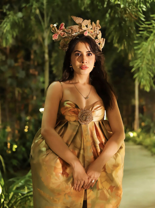 Urfi Javed Inspired Floral Draped Gown with Statement Headpiece | Designer Couture Outfit for Women