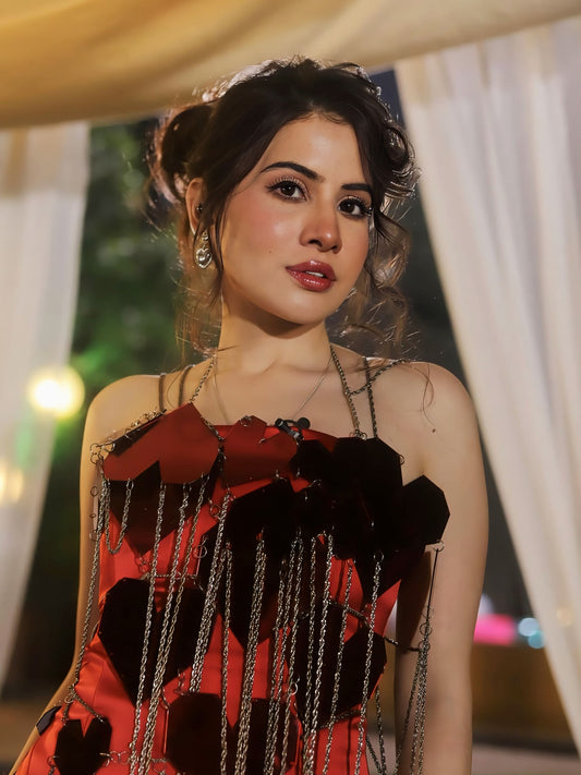 Urfi Javed Inspired Red Mini Dress with Heart Appliqué & Fringe Detailing | Bold Party Wear for Women