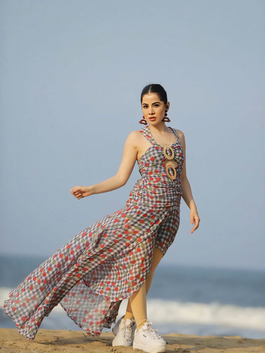 Urfi Javed inspired printed maxi dress with cut-out detail, flowy beachwear outfit for women