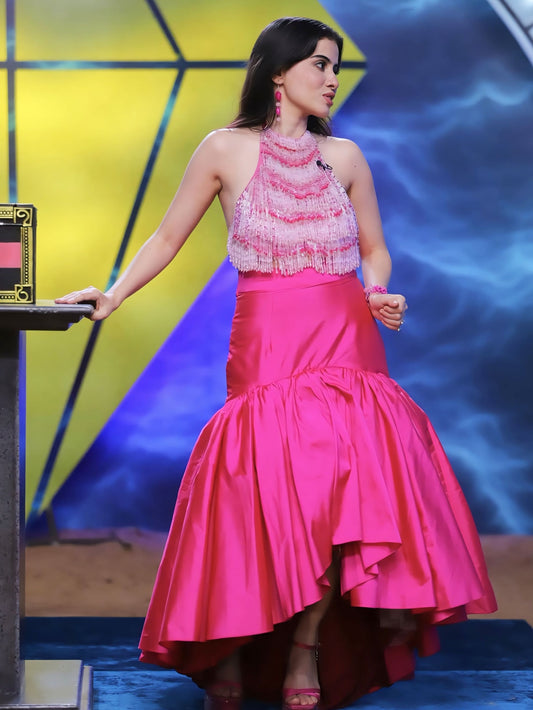 Urfi Javed in Pink Fringe Halter Top & High-Low Satin Skirt – Bold Statement Party Look