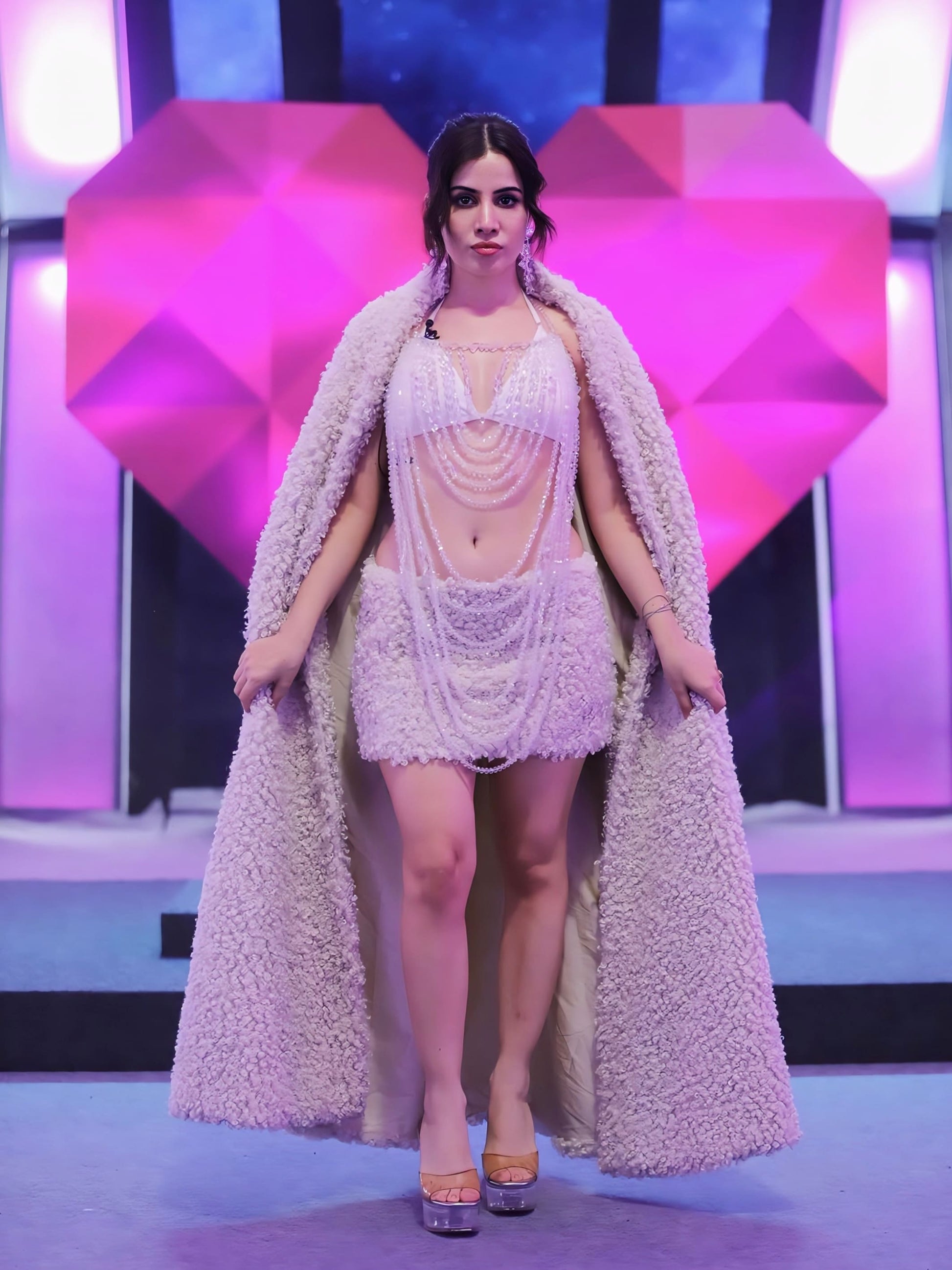 fitted lace wedding dress Urfi Javed in Pearl Embellished Sheer Mini Dress with Statement Fur Co –  Rim Zim Fashion