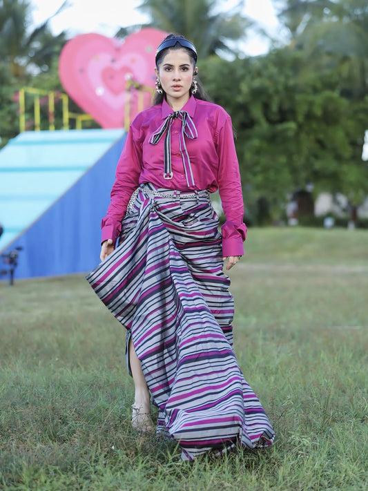 Urfi Javed wearing pink shirt with striped draped skirt, Indo western fusion outfit outdoor fashion look