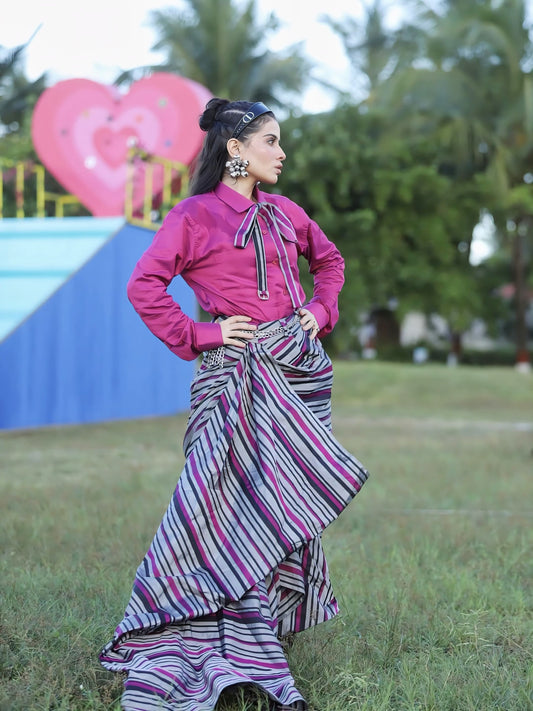 Urfi Javed in Pink Shirt with Striped Draped Skirt – Contemporary Indo-Western Fusion Look