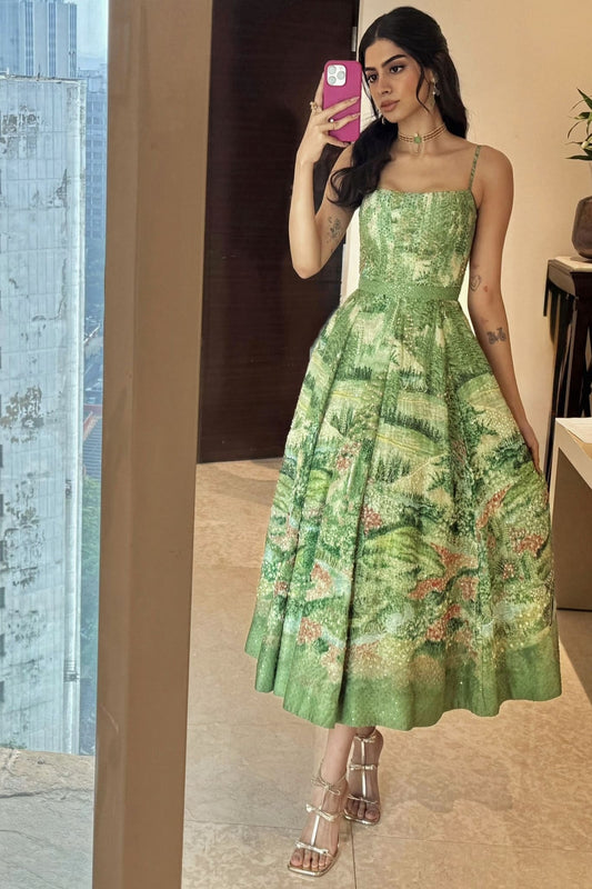 Khushi Kapoor inspired green silk cocktail dress with sequin and bead forest motifs in vintage 50s silhouette