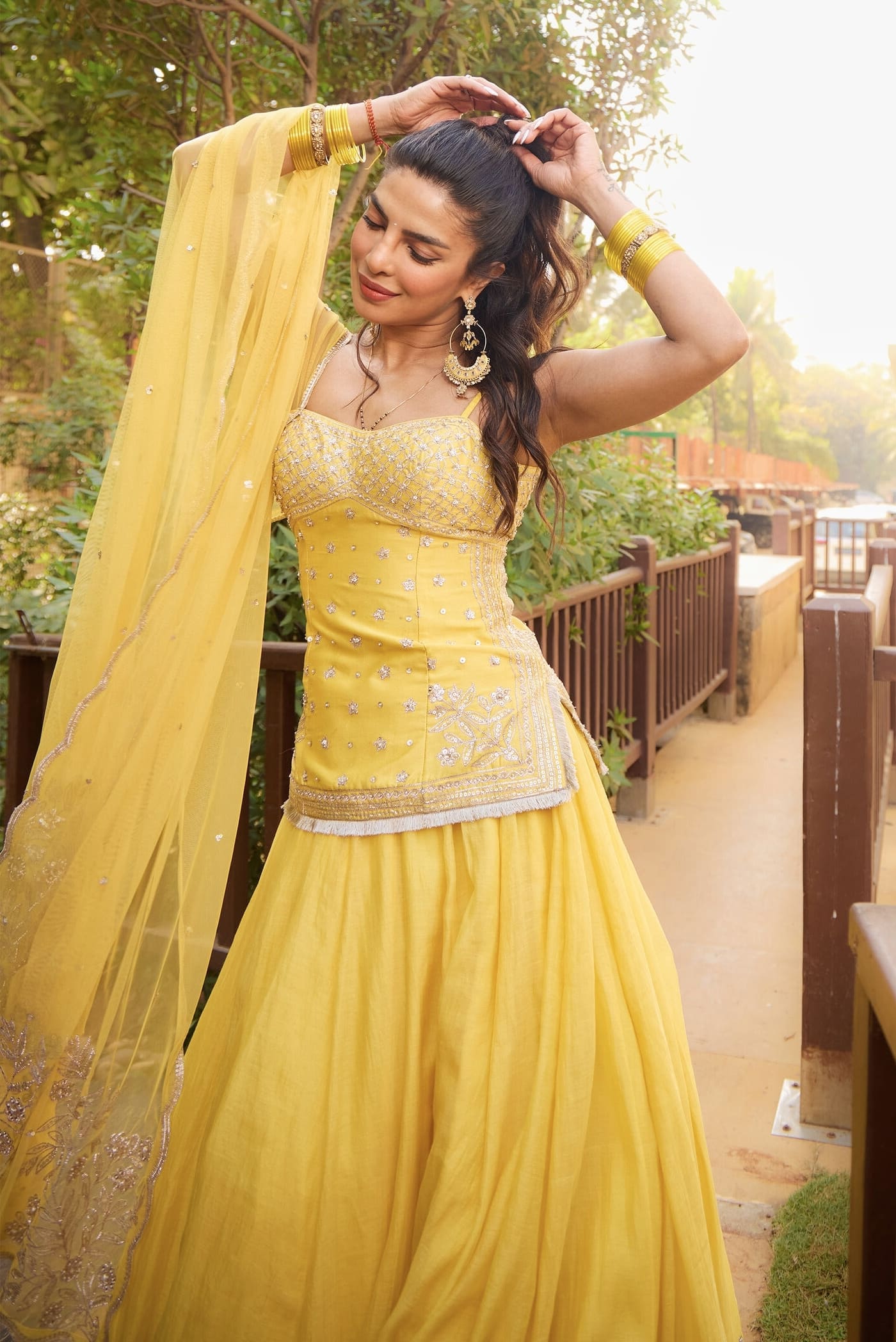 Priyanka Chopra inspired yellow chanderi lehenga set with gota patti pearl and sequin embroidery for haldi and wedding wear
