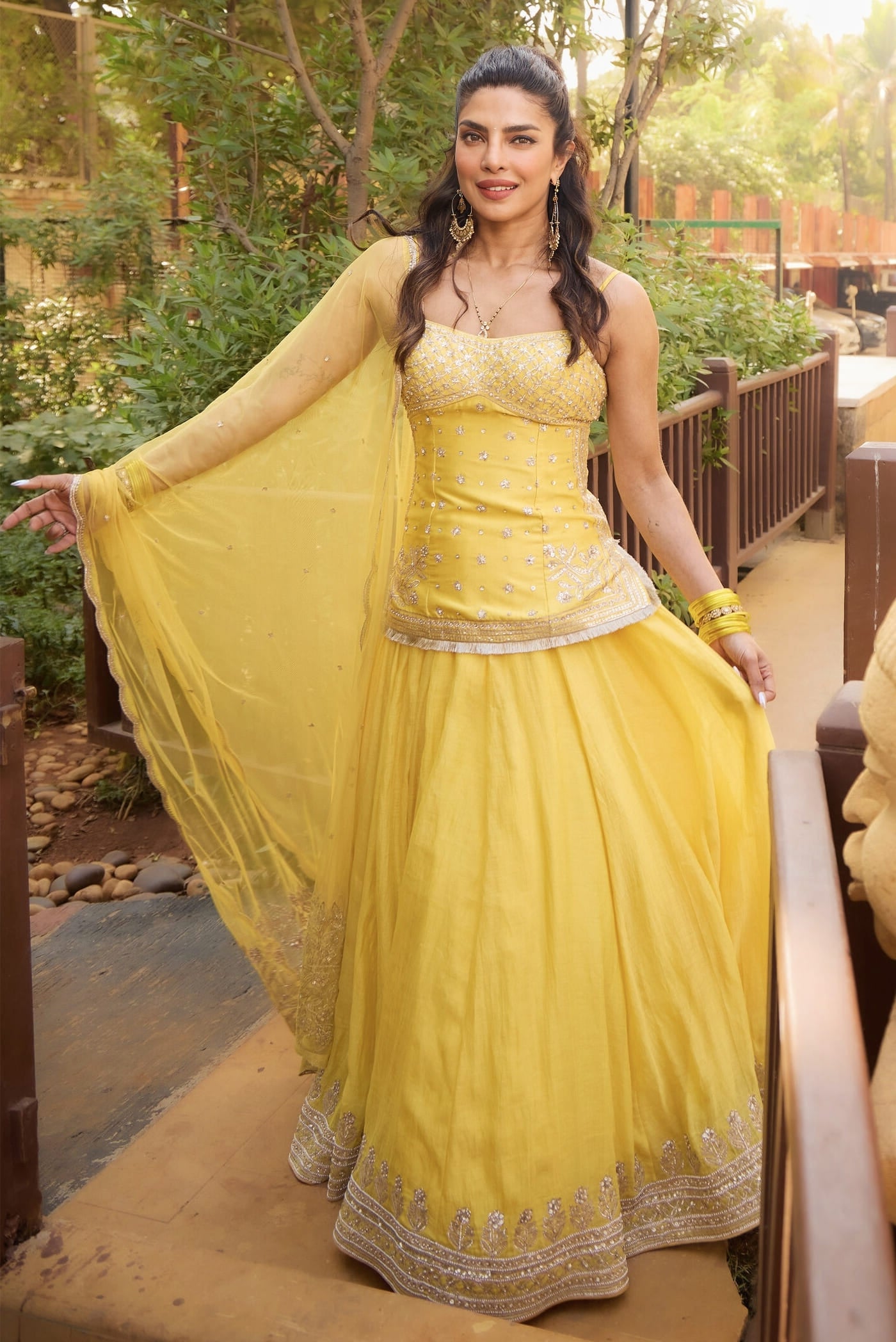 Priyanka Chopra Inspired Yellow Embroidered Lehenga Set | Abha Gota Patti Designer Wedding Outfit