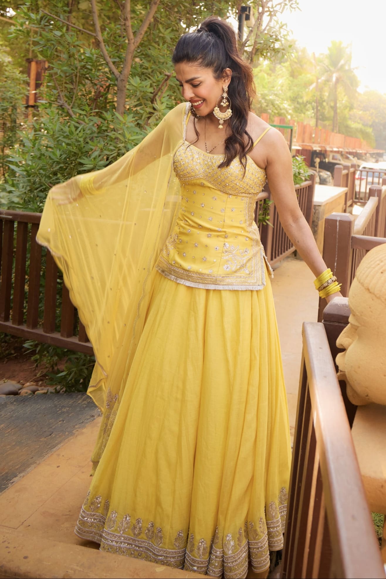 Priyanka Chopra Inspired Yellow Embroidered Lehenga Set | Abha Gota Patti Designer Wedding Outfit