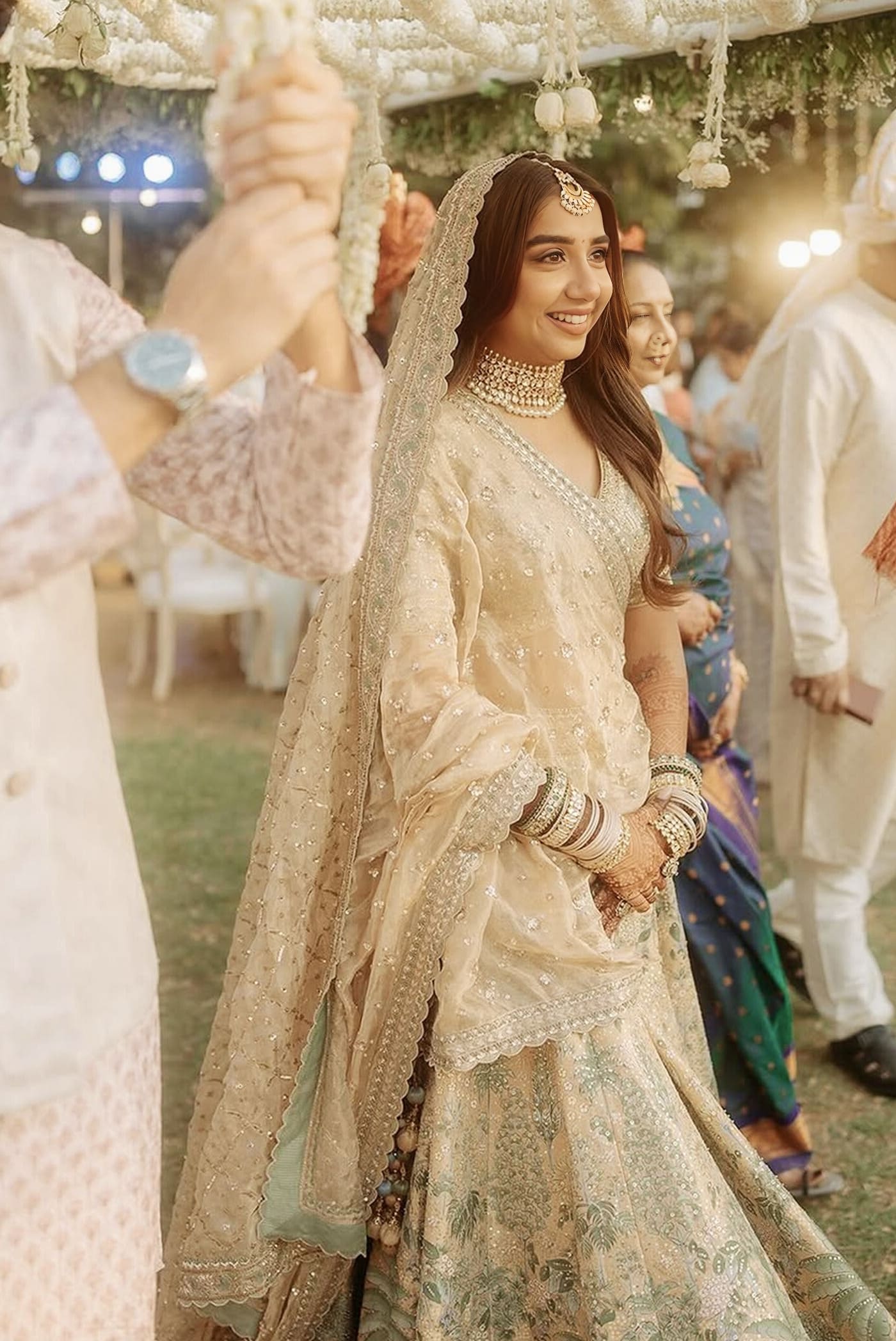 Prajakta Koli Inspired Gold Hand-Painted Pichhwai Lehenga Set | Parijat Designer Silk Bridal Outfit