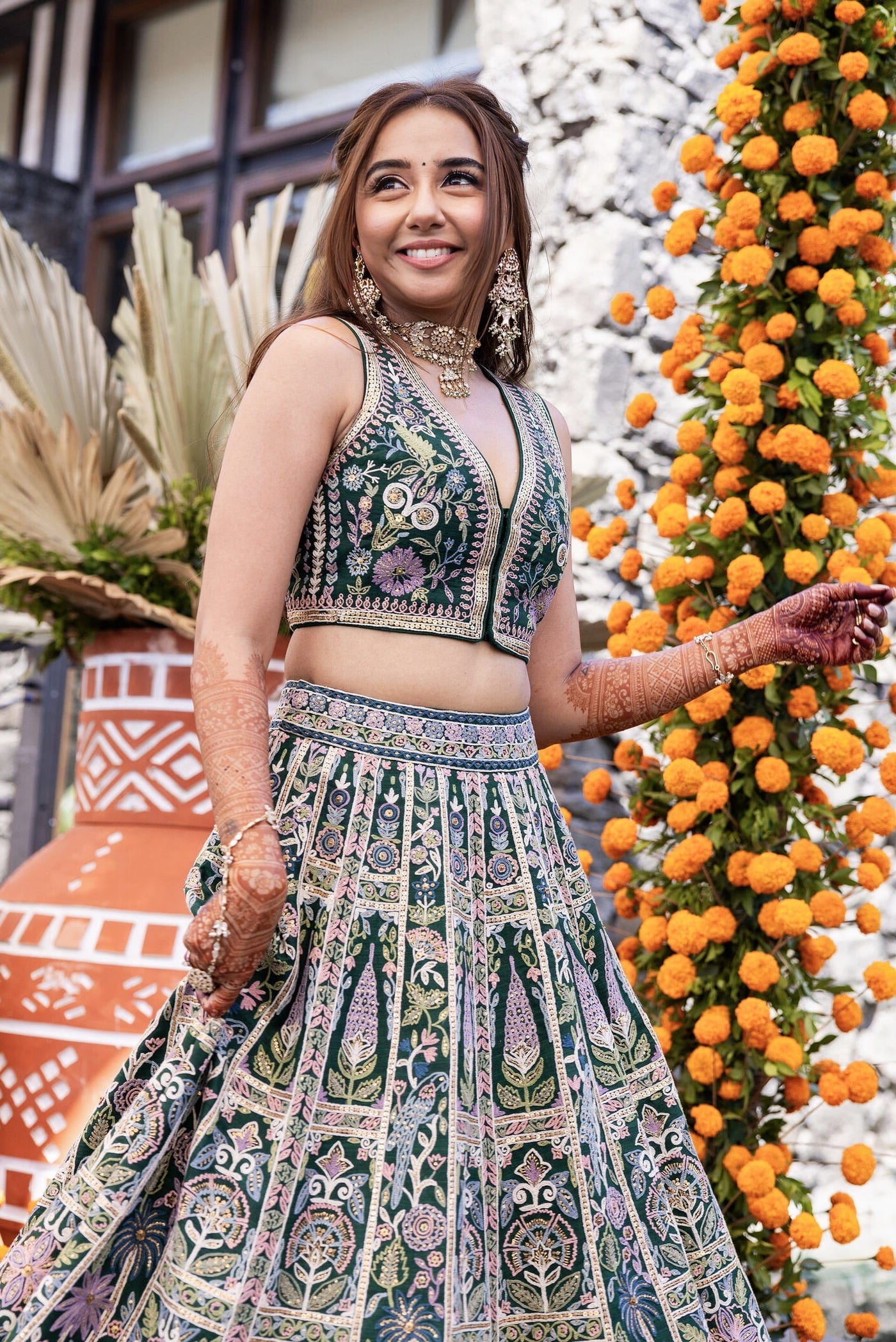 Prajakta Koli inspired green silk skirt set with hand embroidery by SEWA artisans featuring forest flora and fauna motifs