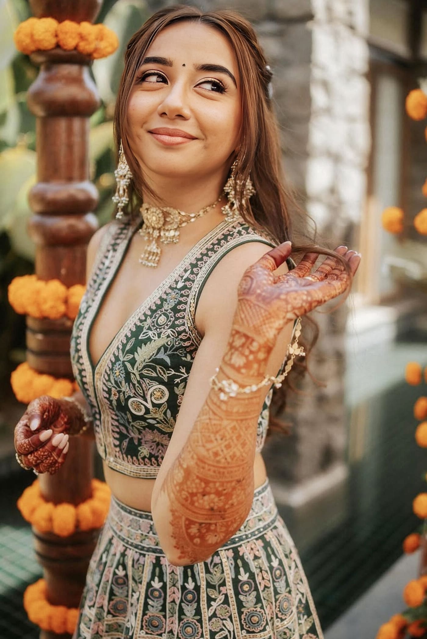 Prajakta Koli Inspired Green Hand-Embroidered Silk Skirt Set | Flora Forest SEWA Artisan Outfit