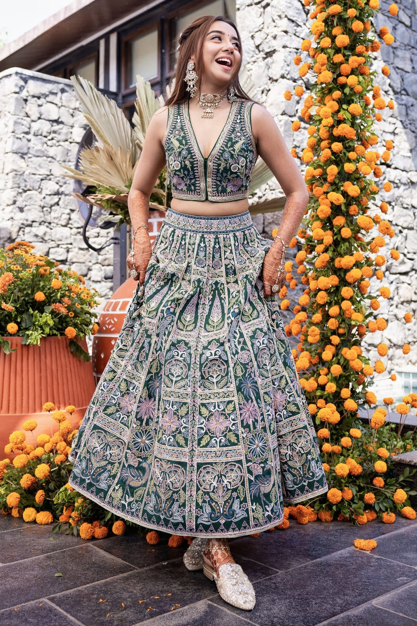 Prajakta Koli Inspired Green Hand-Embroidered Silk Skirt Set | Flora Forest SEWA Artisan Outfit