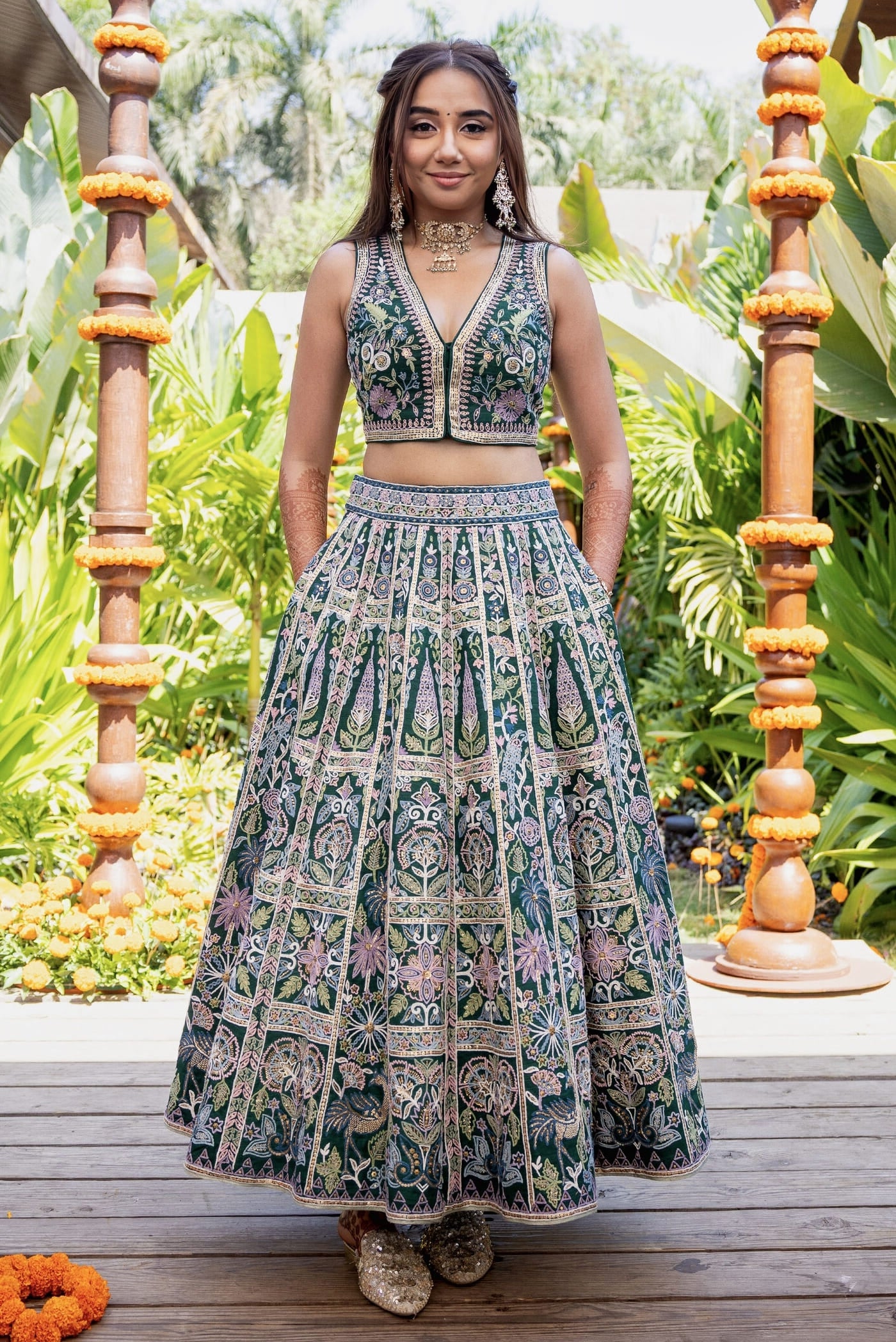 Prajakta Koli Inspired Green Hand-Embroidered Silk Skirt Set | Flora Forest SEWA Artisan Outfit