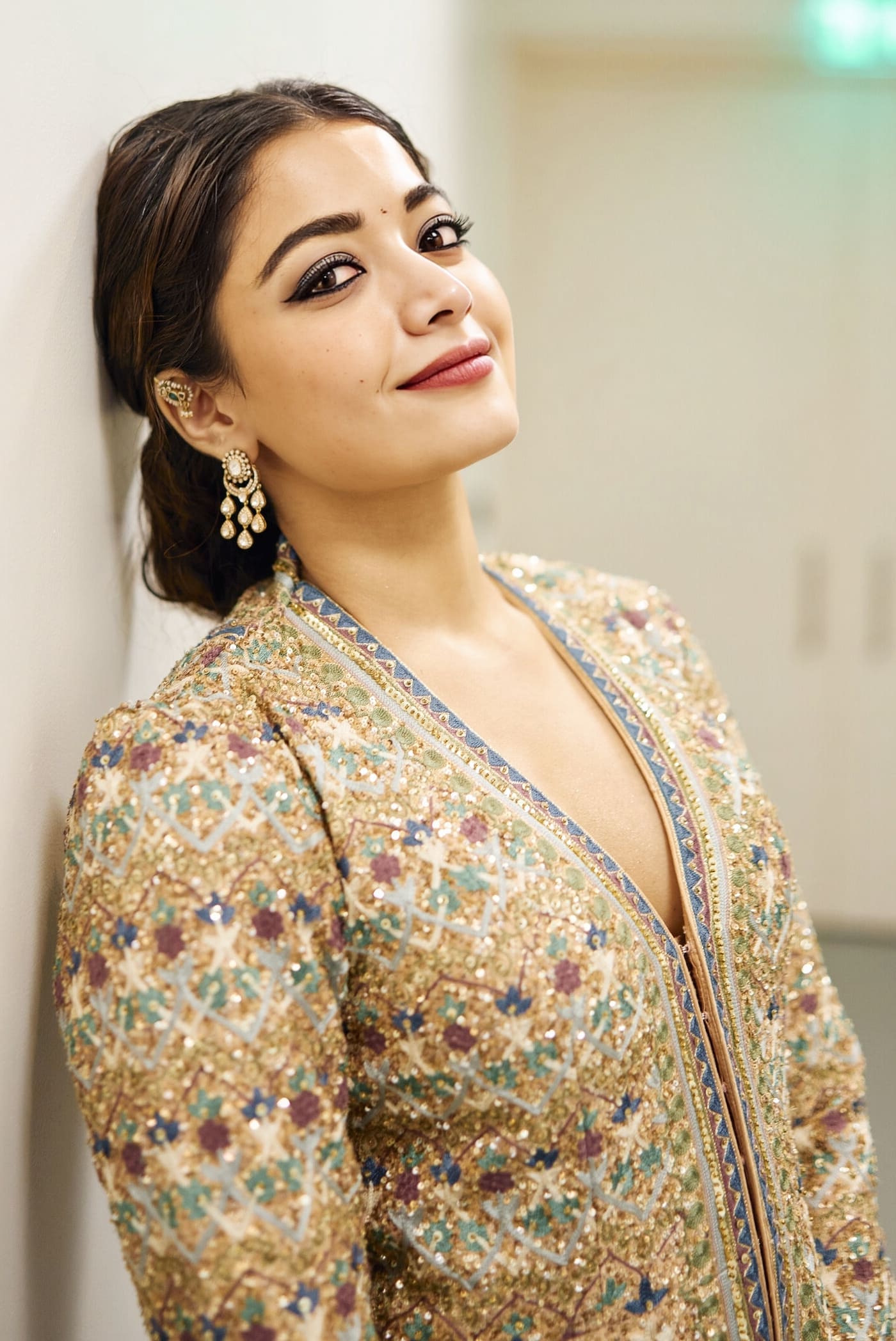 Rashmika Mandanna inspired blush silk jacket set with zardozi embroidery and sequins paired with palazzo pants for festive wear