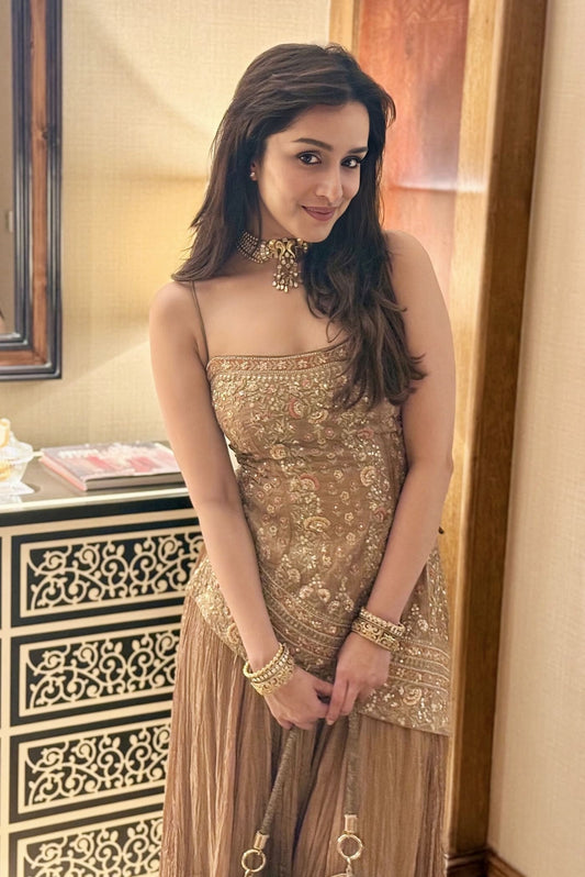 Shraddha Kapoor Inspired Gold Embroidered Sharara Set | Naushaba Gota Patti Designer Outfit