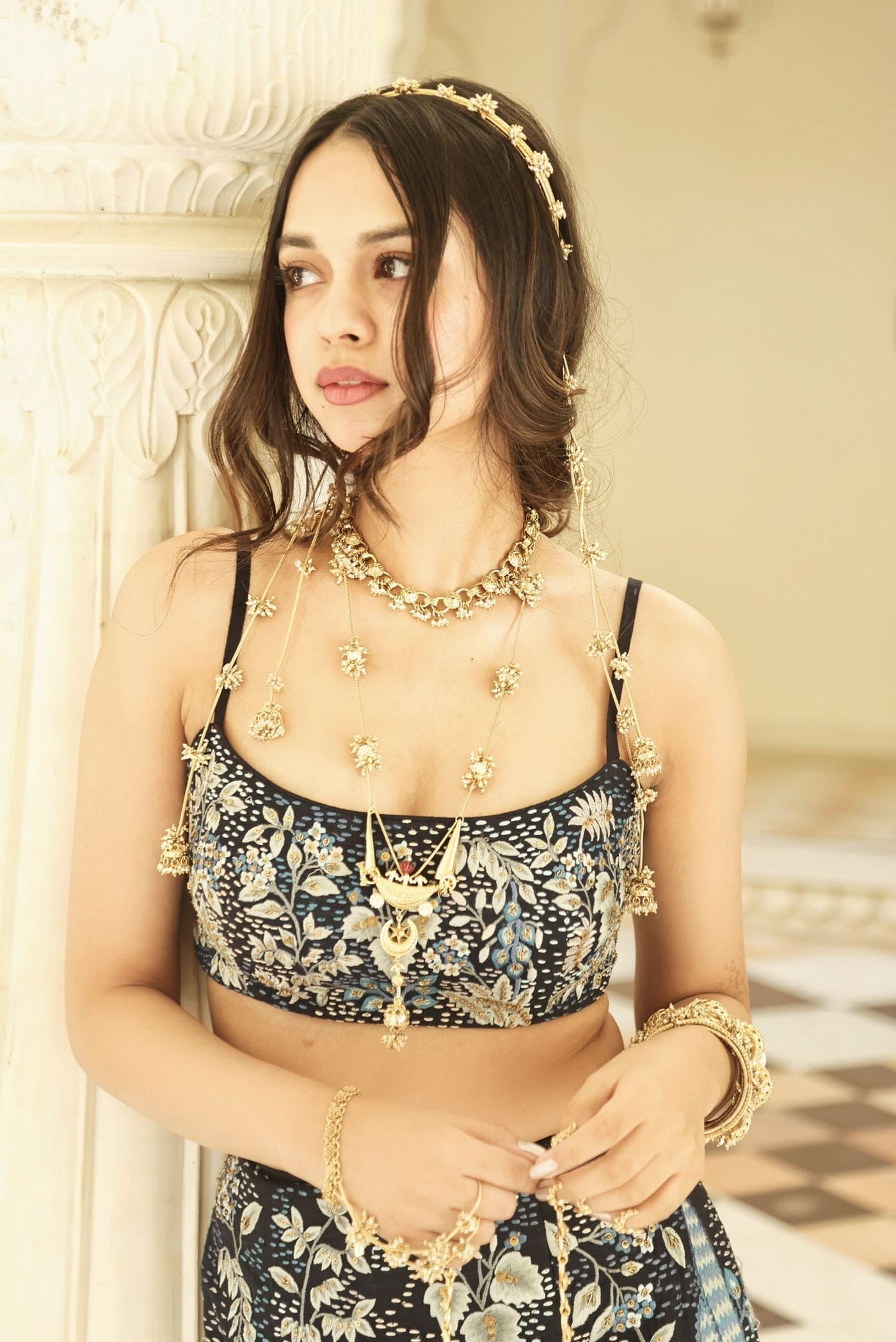 Nitanshi Goel Inspired Blue Zardozi Embroidered Silk Skirt Set | Geosmin Designer Slit Outfit