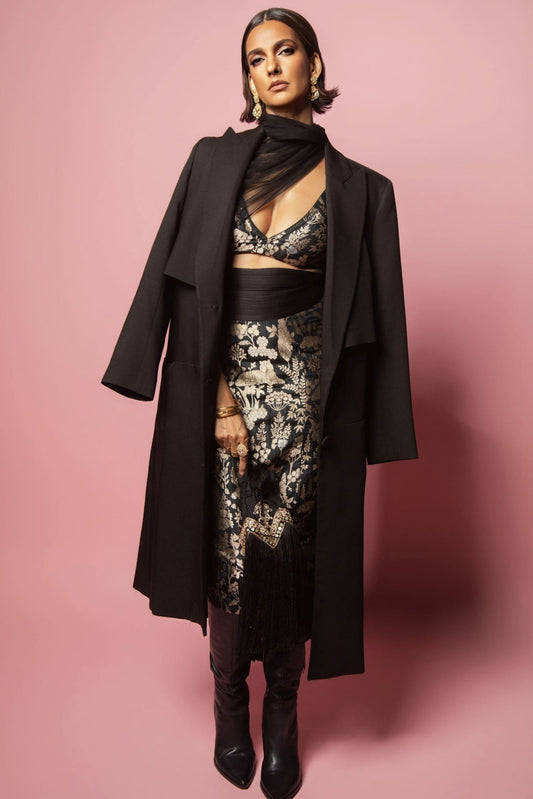 Poorna Jagannathan inspired black Banarasi silk draped dupatta set with forest motifs tulle dupatta and satin kamarbandh