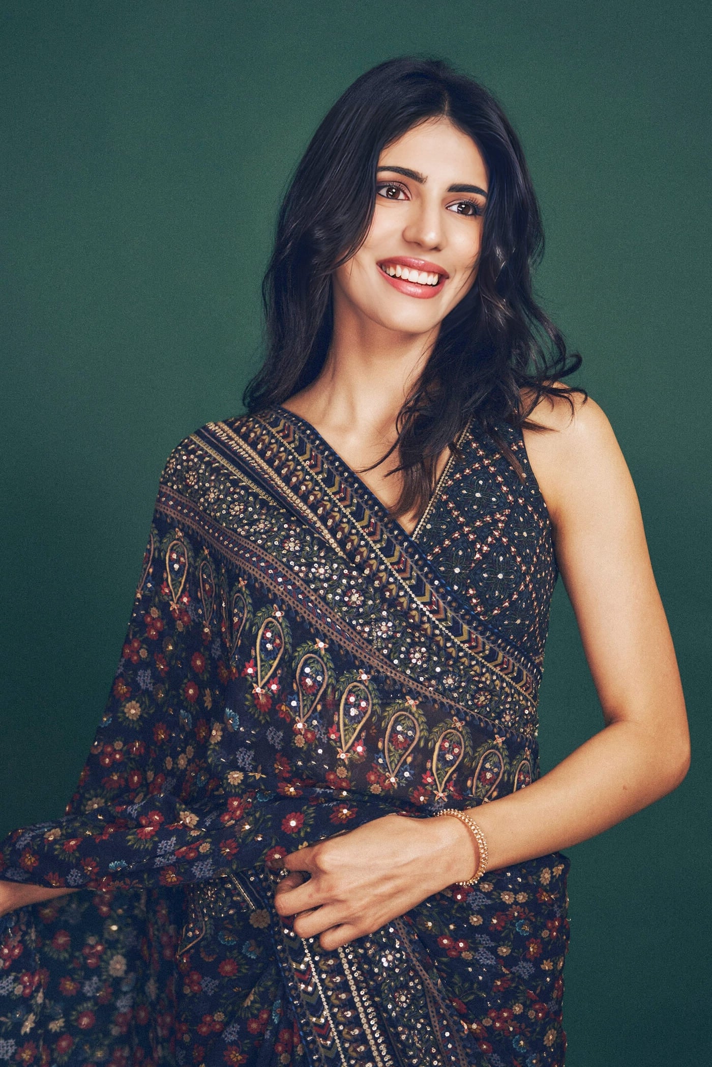 Medha Rana inspired blue georgette saree with sequin embellishments for cocktail and festive wear