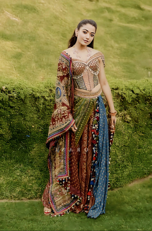 Rashmika Mandanna inspired multicolor corset skirt set with Tanjore Lakshmi digital print and embroidery for festive wear