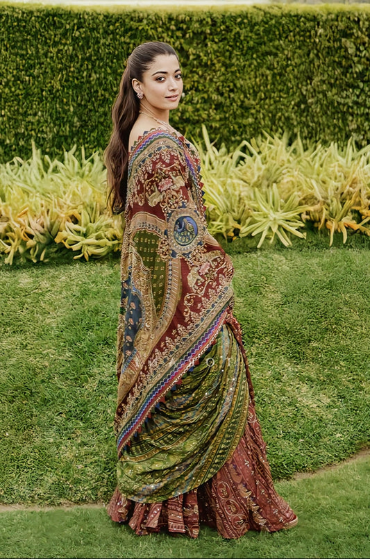 Rashmika Mandanna Inspired Multicolor Tanjore Lakshmi Corset Skirt Set | Embroidered Digital Print Designer Outfit