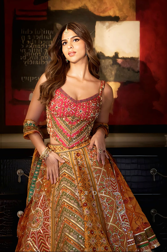 Suhana Khan Inspired Yellow Silk Corset Lehenga Set | Kanak Meher Designer Embroidered Outfit