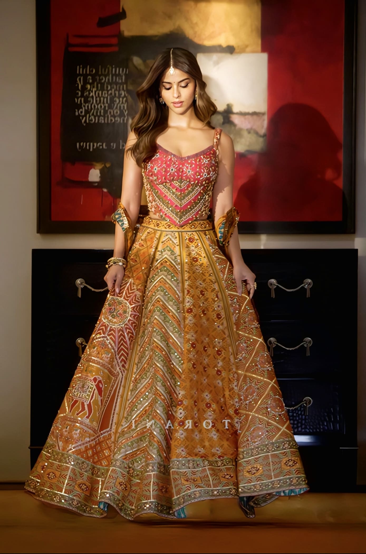 Suhana Khan inspired yellow silk corset lehenga set with digital print embroidery and organza dupatta for haldi and wedding wear