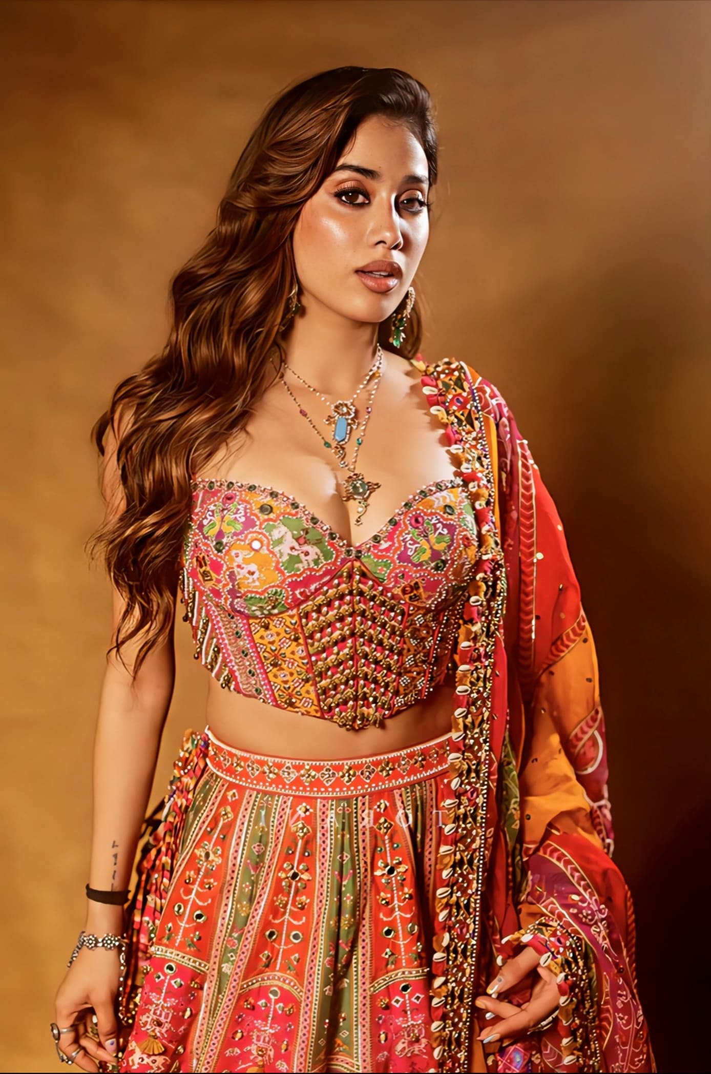 Janhvi Kapoor inspired multicolour silk lehenga set with hand embroidery and organza dupatta for wedding and festive wear