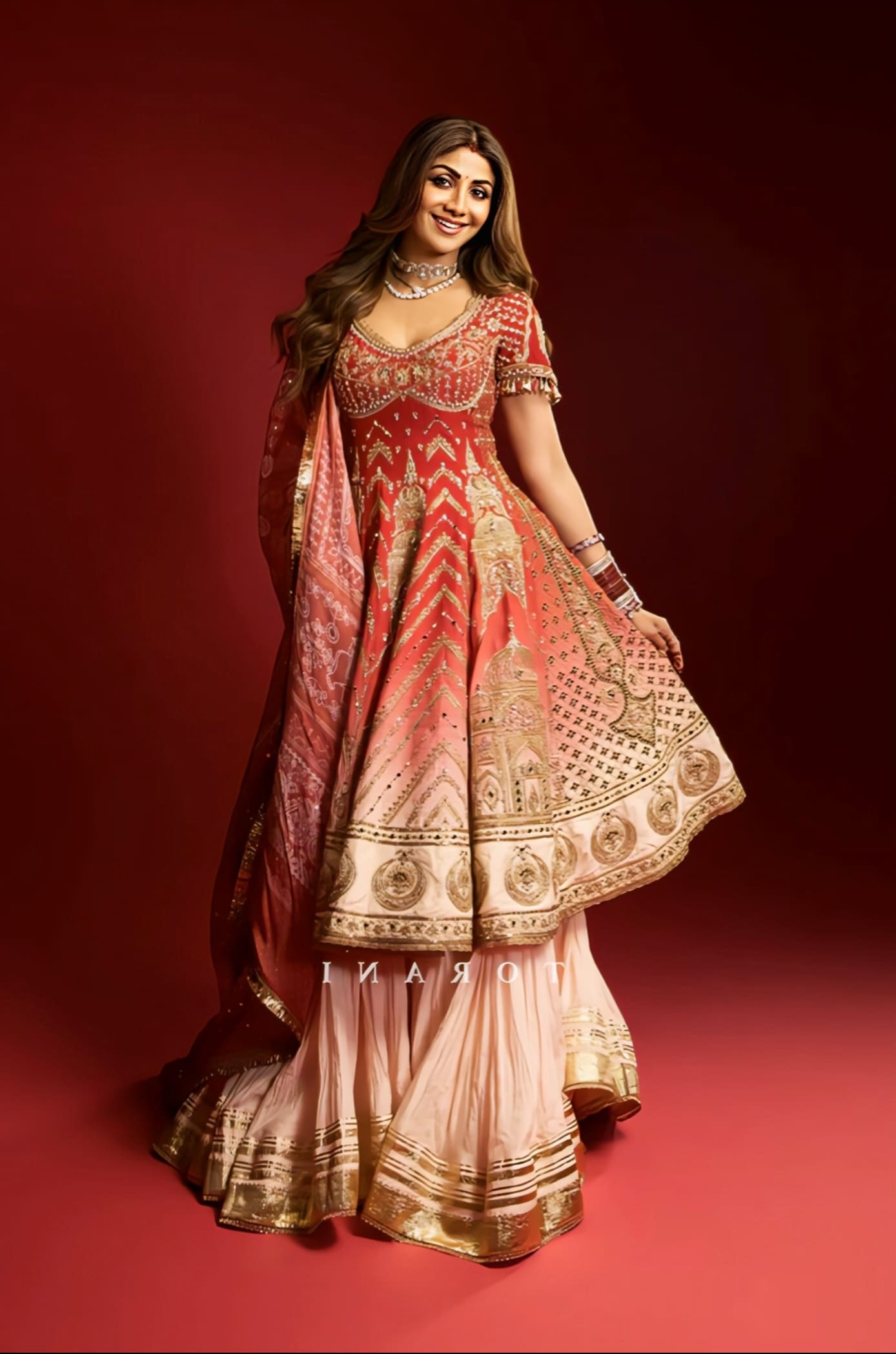 Shilpa Shetty Inspired Ombre Embroidered Gharara Set | Zehra Mahtabe Fareedan Designer Anarkali Outfit