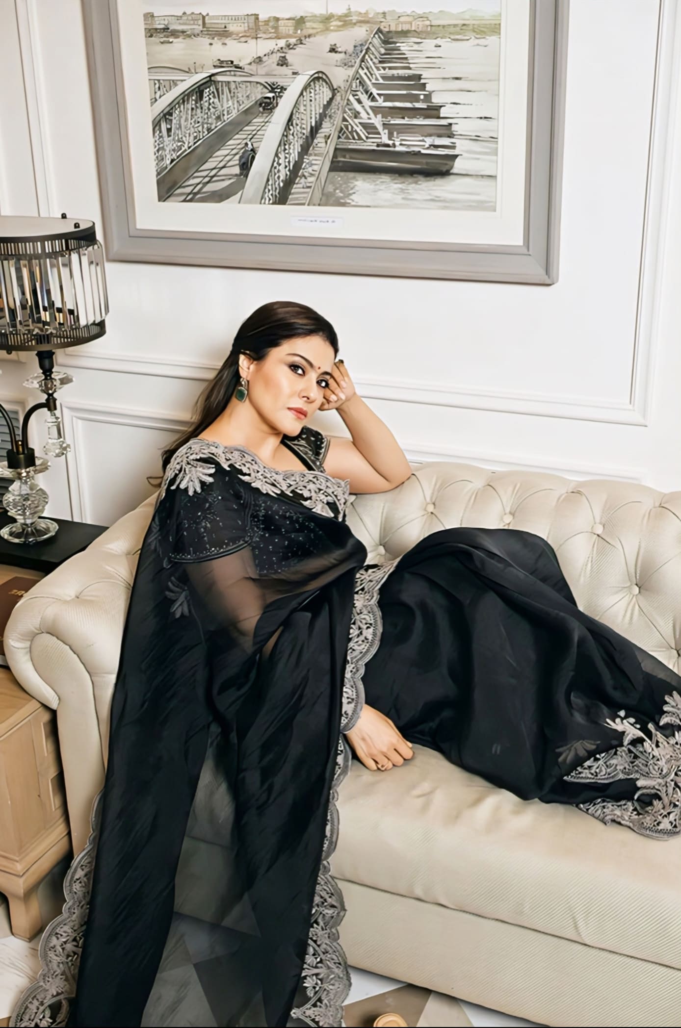 Kajol inspired black organza saree set with embroidered detailing net blouse and satin lycra underskirt for evening wear