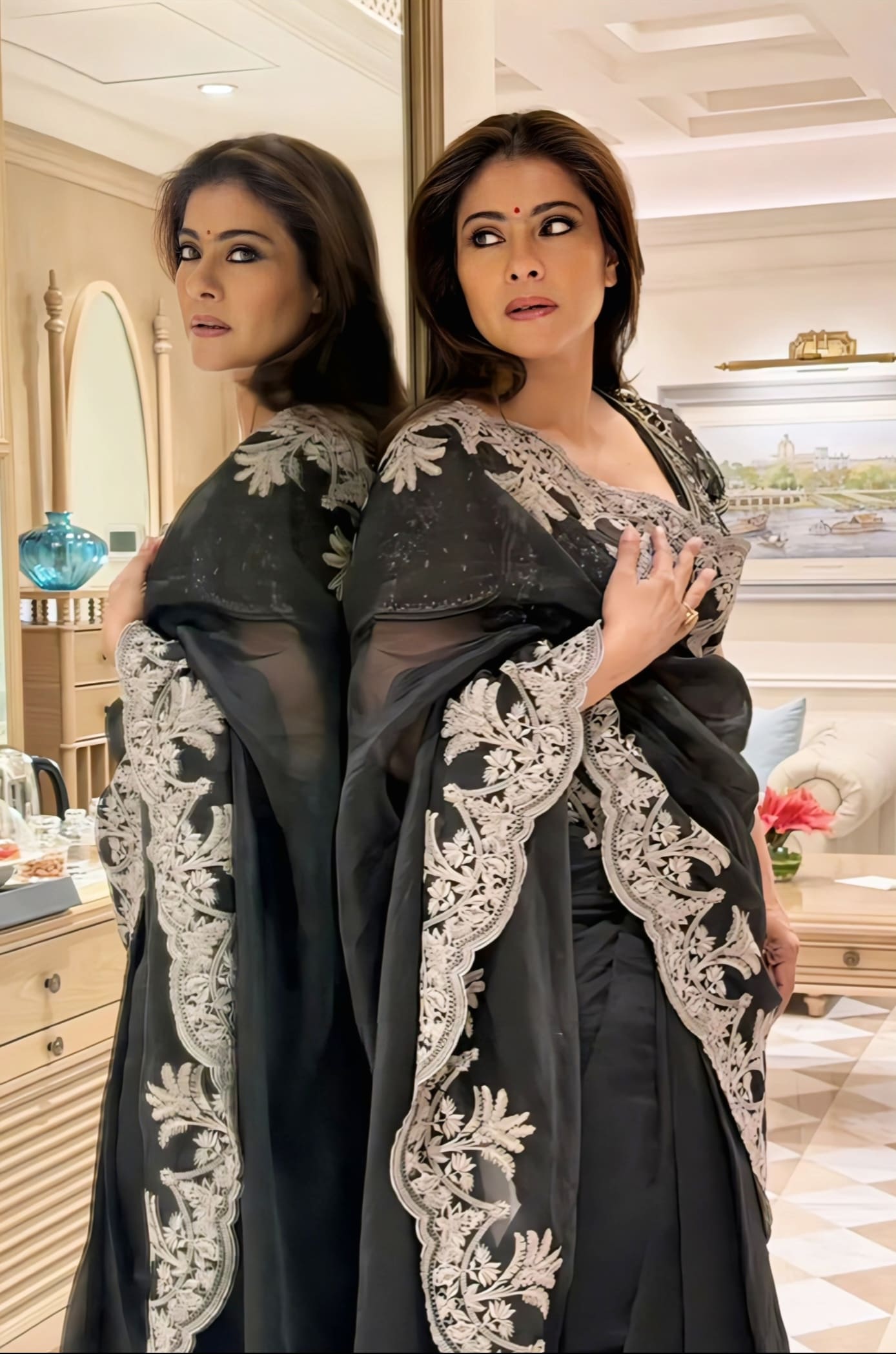 Kajol Inspired Black Organza Embroidered Saree Set | Raat Rani Afrah Aavya Designer Outfit