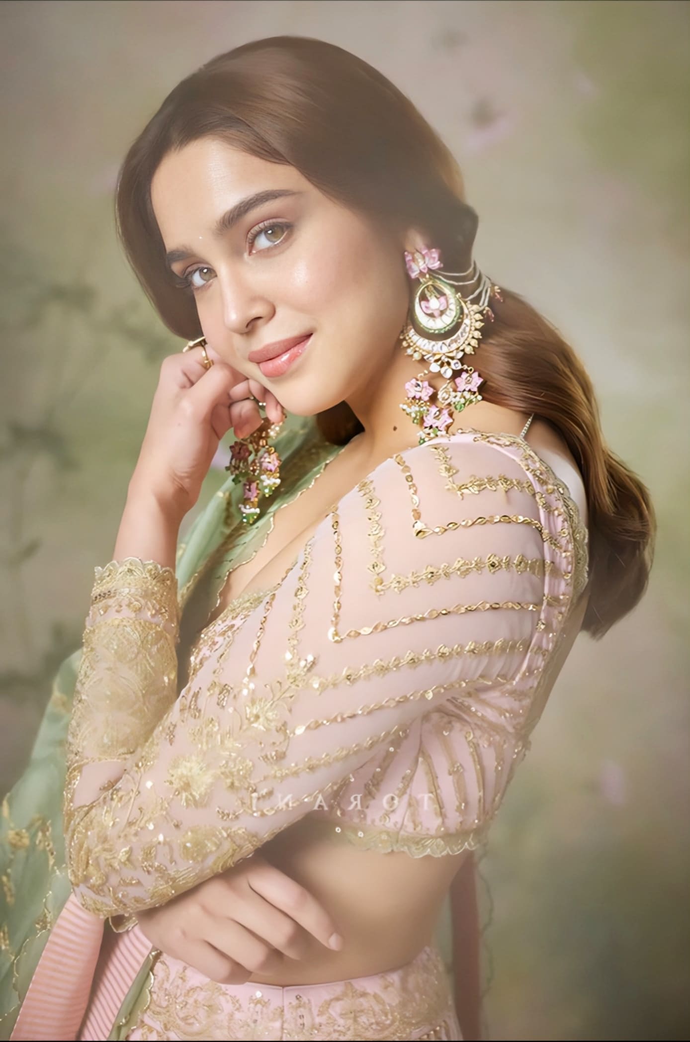 Sharvari Wagh inspired pink and green silk lehenga set with embroidered detailing silk net blouse and organza dupatta