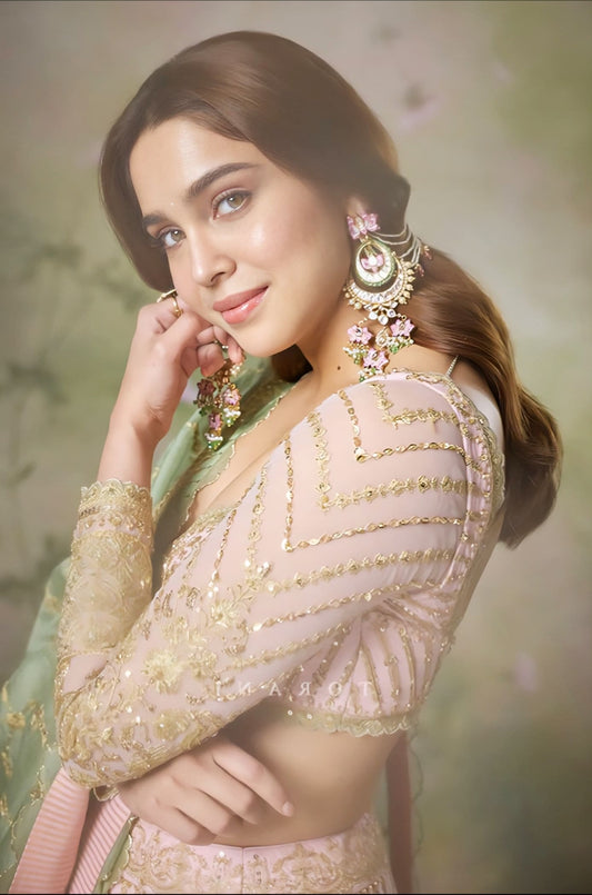 Sharvari Wagh inspired pink and green silk lehenga set with embroidered detailing silk net blouse and organza dupatta