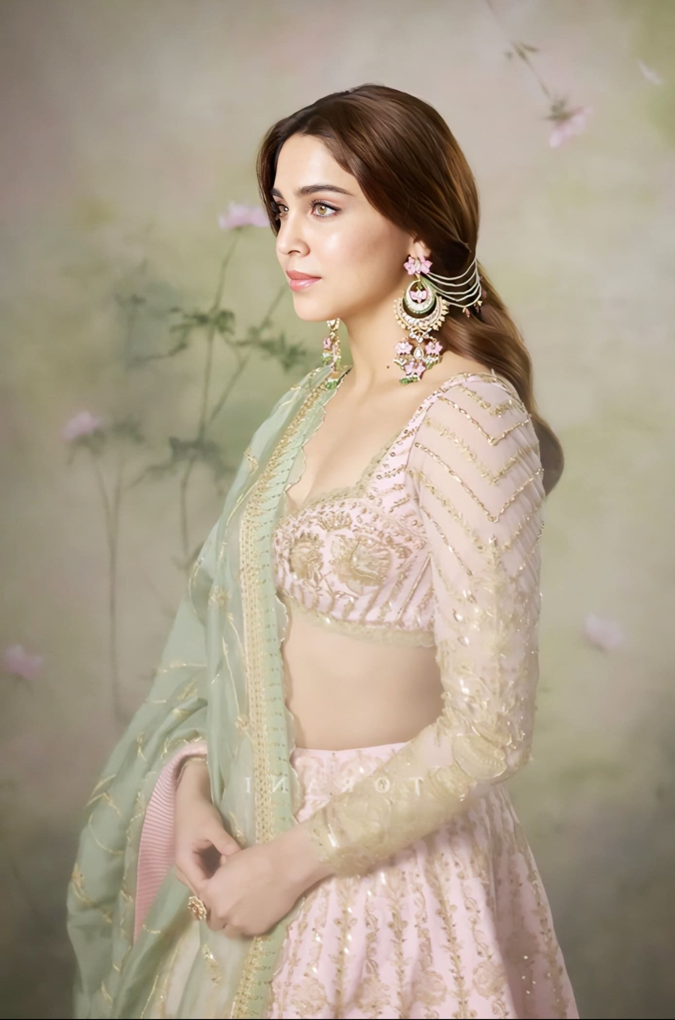 Sharvari Wagh inspired pink and green silk lehenga set with embroidered detailing silk net blouse and organza dupatta