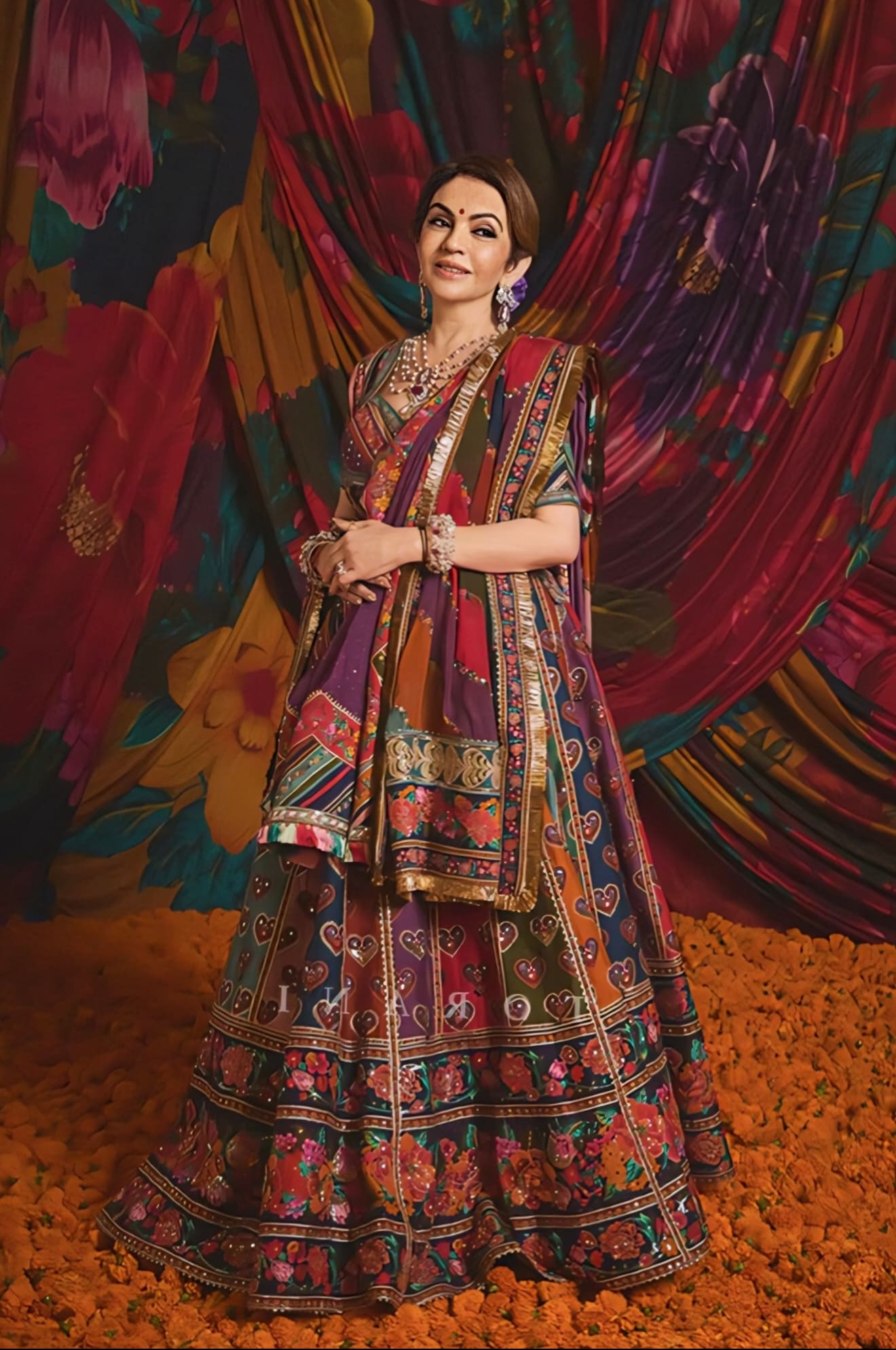 Nita Ambani inspired multicolour silk lehenga set with hand embroidery sequins badla boota work and organza dupatta for luxury bridal wear