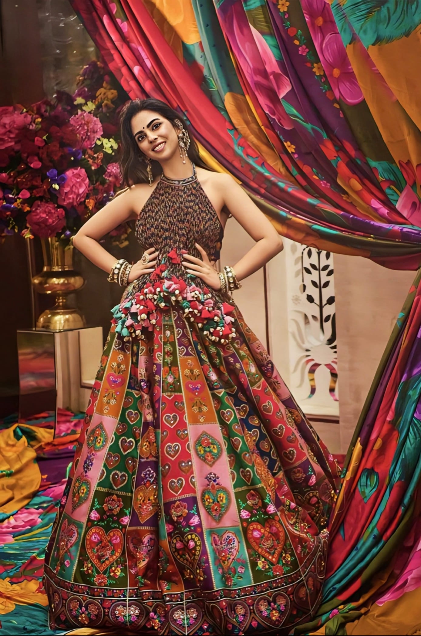 Isha Ambani inspired multicolour Jeni silk lehenga set with hand embroidery and digital print for luxury wedding wear