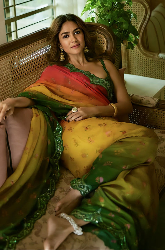 Shop the Mrunal Thakur inspired ombre green organza saree set with digital print and embroidery. Features a net cotton silk bralette and satin lycra underskirt, perfect for cocktail and festive wear.