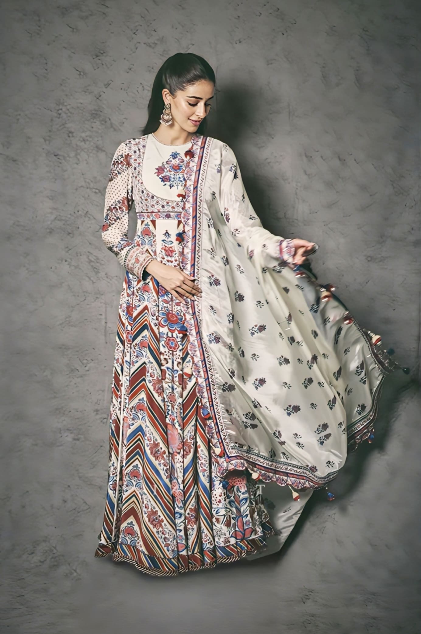 Ananya Panday inspired multicolour Anarkali set with digital print in silk and organza for festive and wedding wear