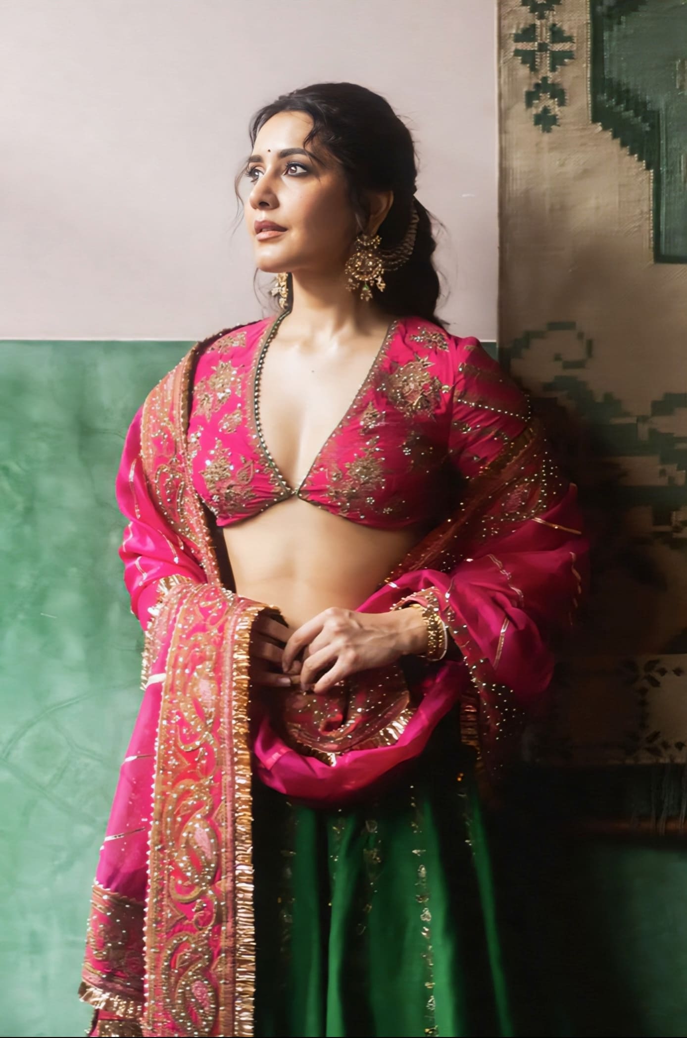 Raashi Khanna inspired pink green yellow silk lehenga set with embroidery and organza dupatta for wedding and festive wear