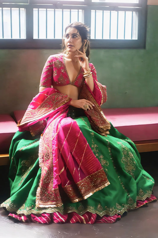 Raashi Khanna Inspired Pink Green Yellow Embroidered Silk Lehenga Set | Mayuri Gulkhaira Srisa Designer Outfit