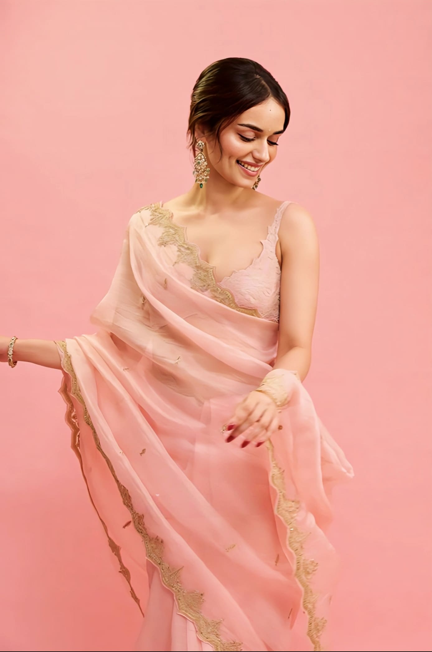 Manushi Chhillar inspired pink silk organza saree set with hand embroidery dori adda work tassels and net bralette